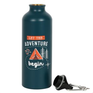 Dark Green aluminium drinking bottle with the crew top at the side with 'Let the adventure begin'. Sourced by Shiny Happy Eco