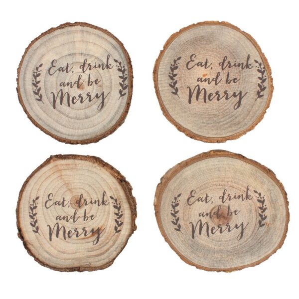 Table Coasters - Set of 4 Christmas coasters. Eat, Drink and be Merry printed on the front - Shiny Happy Eco.