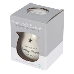 Soy wax melt burner, with I Thank My Lucky Stars For you You writing, in a gift box from Shiny Happy Eco