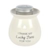Soy wax melt burner, with I Thank My Lucky Stars For You writing, from Shiny Happy Eco