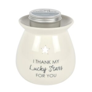 Soy wax melt burner, with I Thank My Lucky Stars For You writing, from Shiny Happy Eco
