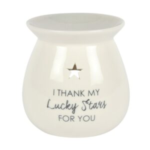 Soy wax melt burner, with I Thank My Lucky Stars For You writing, front view from Shiny Happy Eco