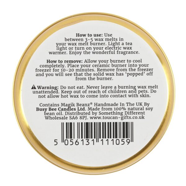 Back of a tin of soy wax melts, showing the instructions. Blackberry Jam scent from Shiny Happy Eco.