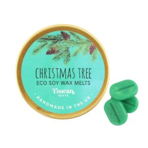 Closed tin of soy wax melts, Christmas Tree scent from Shiny Happy Eco.