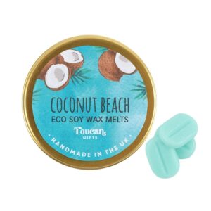 Round tin with a blue label, reading Coconut Beach - Shiny Happy Eco