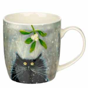 Christmas Porcelain mug of a cat with a bunch of mistletoe. By Shiny Happy Eco.