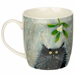 Christmas Porcelain mug of a cat with a bunch of mistletoe. By Shiny Happy Eco.