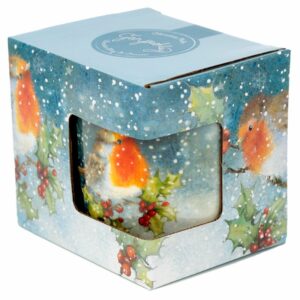 Christmas Robin porcelain mug and coaster set in a box, by Shiny Happy Eco.