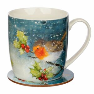 Christmas Robin porcelain mug and coaster set, by Shiny Happy Eco.