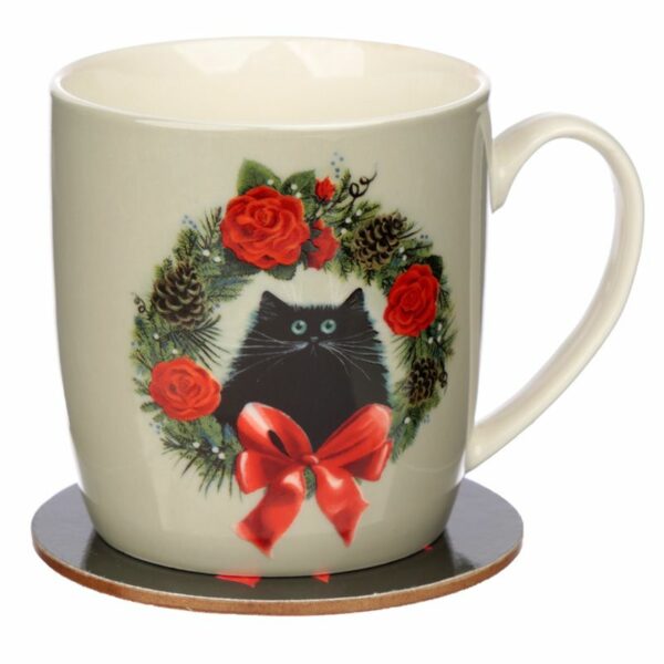 A Christmas wreath around a Cat Porcelain Mug and Coaster set. By Shiny Happy Eco.