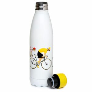 Stainless Steel Thermal Insulated Drinks Bottle with pictures of Cyclists. By Shiny Happy Eco.