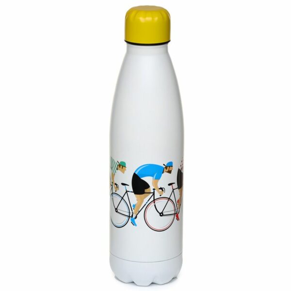 Stainless Steel Thermal Insulated Drinks Bottle with pictures of Cyclists. By Shiny Happy Eco.