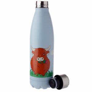 Stainless Steel Thermal Insulated Drinks Bottle with pictures of a Highland Cow. By Shiny Happy Eco.