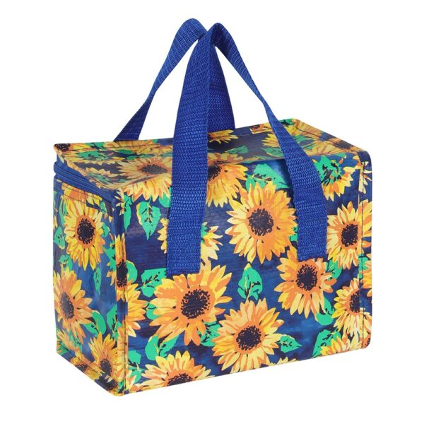 Sunshine Sunflower design recycled plastic, eco friendly lunch bag, closed, with the handles up. By Shiny Happy Eco