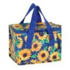 Sunshine Sunflower design recycled plastic, eco friendly lunch bag, shut, with the handles up. By Shiny Happy Eco