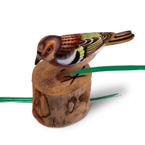 Picture of a Wooden Chaffinch on a log ornament from Shiny Happy Eco