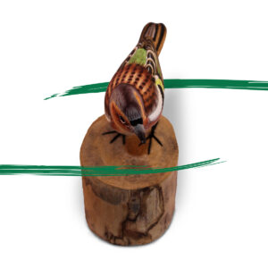 fron picture of a Wooden Chaffinch on a log ornament from Shiny Happy Eco