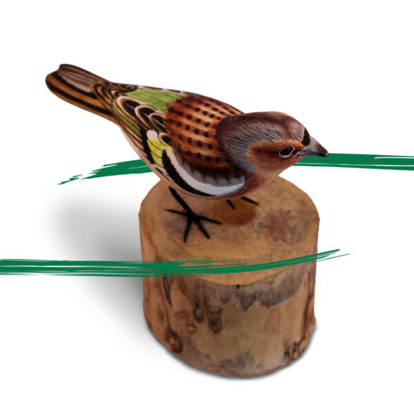 Side picture of a Wooden Chaffinch on a log ornament from Shiny Happy Eco