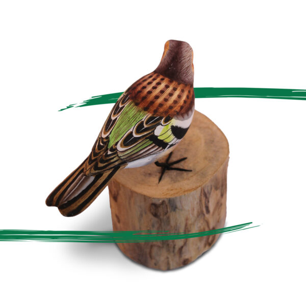 Back of a Wooden Chaffinch on a log ornament from Shiny Happy Eco