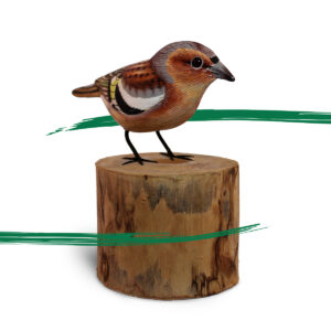 Close detail of a Wooden Chaffinch on a log ornament from Shiny Happy Eco