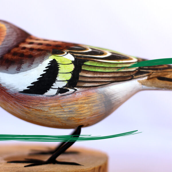 Close detail of a Wooden Chaffinch on a log ornament from Shiny Happy Eco
