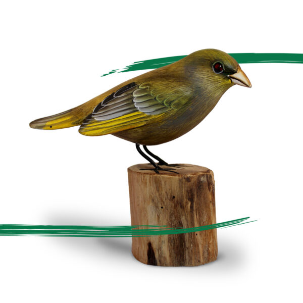 A Wooden Greenfinch on a log ornament from Shiny Happy Eco