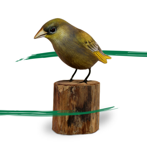 A Wooden Greenfinch on a log ornament from Shiny Happy Eco