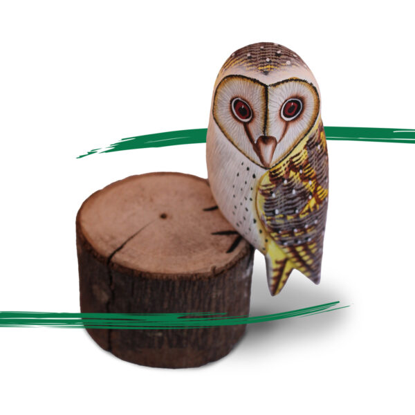 Front shot of a Wooden Barn Owl on a log ornament from Shiny Happy Eco