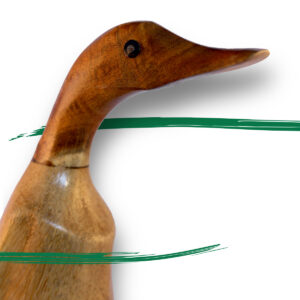 Close up. Bamboo Duck in boots. Handcrafted Duck from sustainable bamboo. Handcrafted, Fairtrade by Shiny Happy Eco.