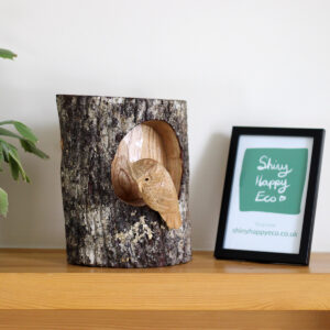 Wooden Owl in a tree trunk. Handcrafted, Fair-trade. By Shiny Happy Eco