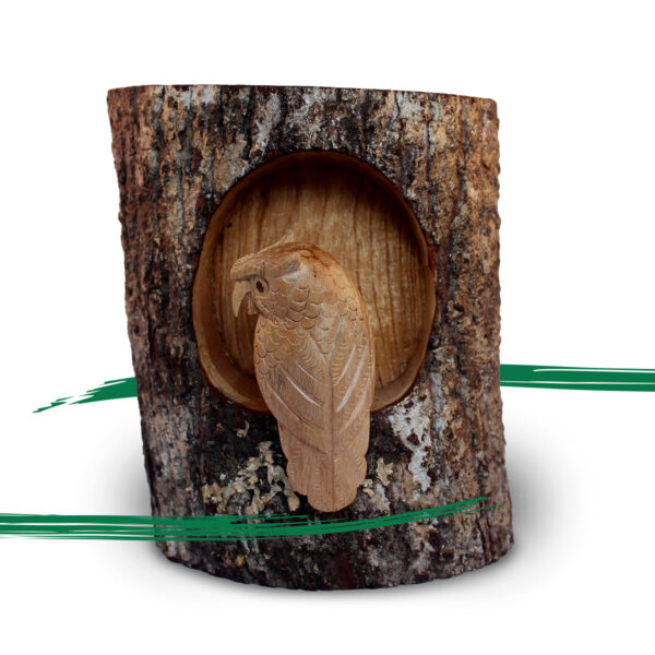 Front View. Wooden Owl in a tree trunk. Handcrafted, Fair-trade. By Shiny Happy Eco