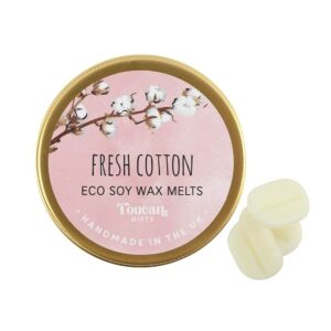 Closed tin of soy wax melts, fresh cotton scent. From Shiny Happy Eco.