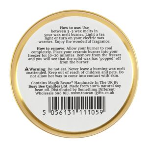 Back of a tin of soy wax melts, showing the instructions. Fresh cotton scent from Shiny Happy Eco.