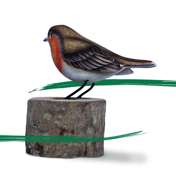 Hand painted wooden Robin ornament sat on log from Shiny Happy Eco