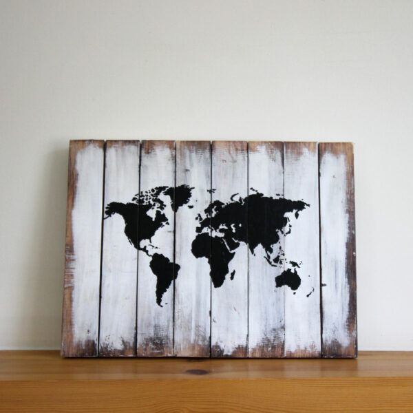 World map painted on wood - hand made from Shiny Happy Eco