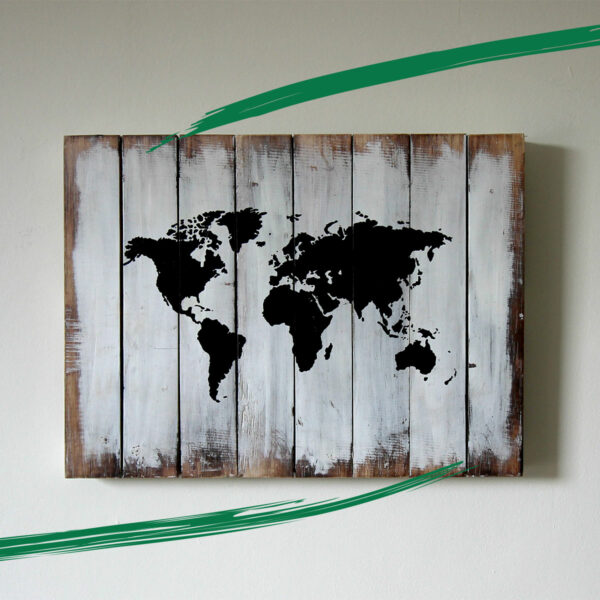 World map painted on wood - hand made from Shiny Happy Eco on wall