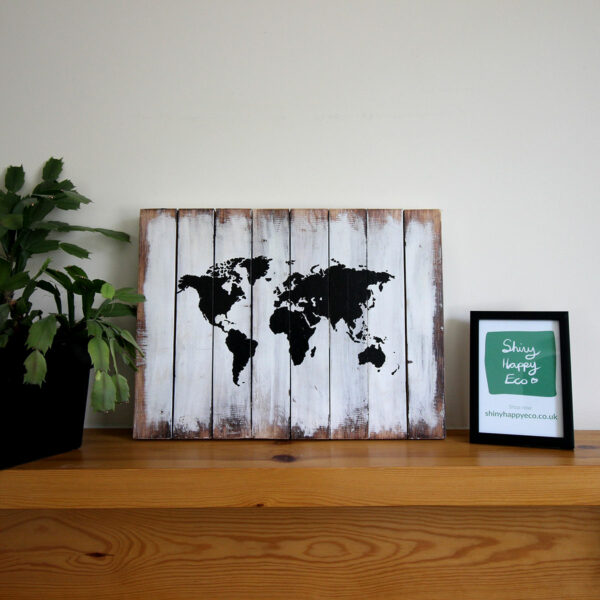 World map painted on wood - hand made from Shiny Happy Eco