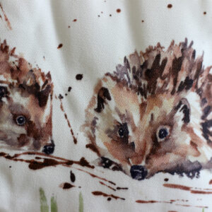 Detail of Hedgehog illustrated fabric doorstop from Shiny Happy Eco online gift shop