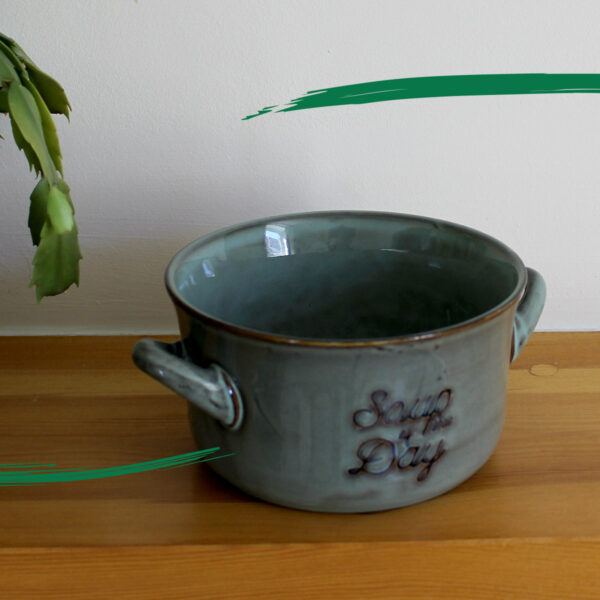 Lifestyle photo of a Stoneware Soup Bowl - Olive Green colour from Shiny Happy Eco
