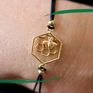 Close up of Bee on Honeycomb bracelet - Gold colour - From Shiny Happy Eco