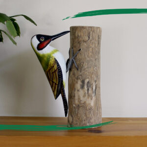 Wooden Green Woodpecker on mantel piece from Shiny Happy Eco - Hand crafted and hand painted