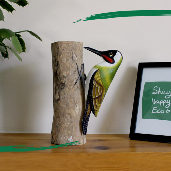 Lifestyle shot of Wooden Green Woodpecker from Shiny Happy Eco - Hand crafted and hand painted