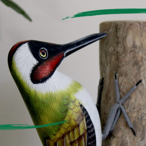 Close up of head of Wooden Green Woodpecker from Shiny Happy Eco - Hand crafted and hand painted