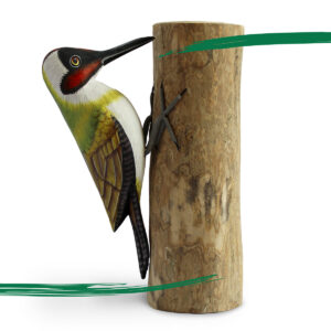 Left side view of Wooden Green Woodpecker from Shiny Happy Eco - Hand crafted and hand painted