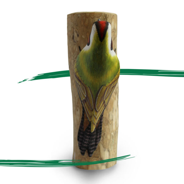 Rear view of Wooden Green Woodpecker from Shiny Happy Eco - Hand crafted and hand painted