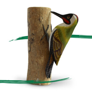Side view of Wooden Green Woodpecker from Shiny Happy Eco - Hand crafted and hand painted