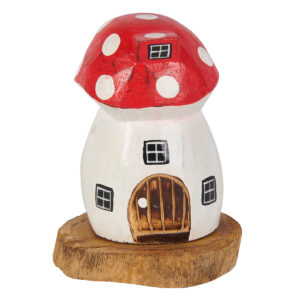 Hand carved and painted wooden mushroom house ornament with red roof from Shiny Happy Eco