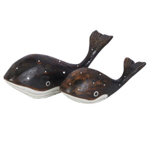 Pair of wooden whales ornaments from Shiny Happy Eco