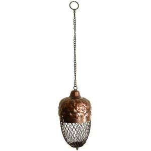 Recycled brass hanging bird feeder in the shape of an acorn from Shiny Happy Eco