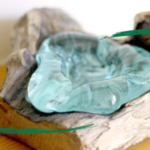 Close up of Molten Glass on Wood Candle Holder from Shiny Happy Eco